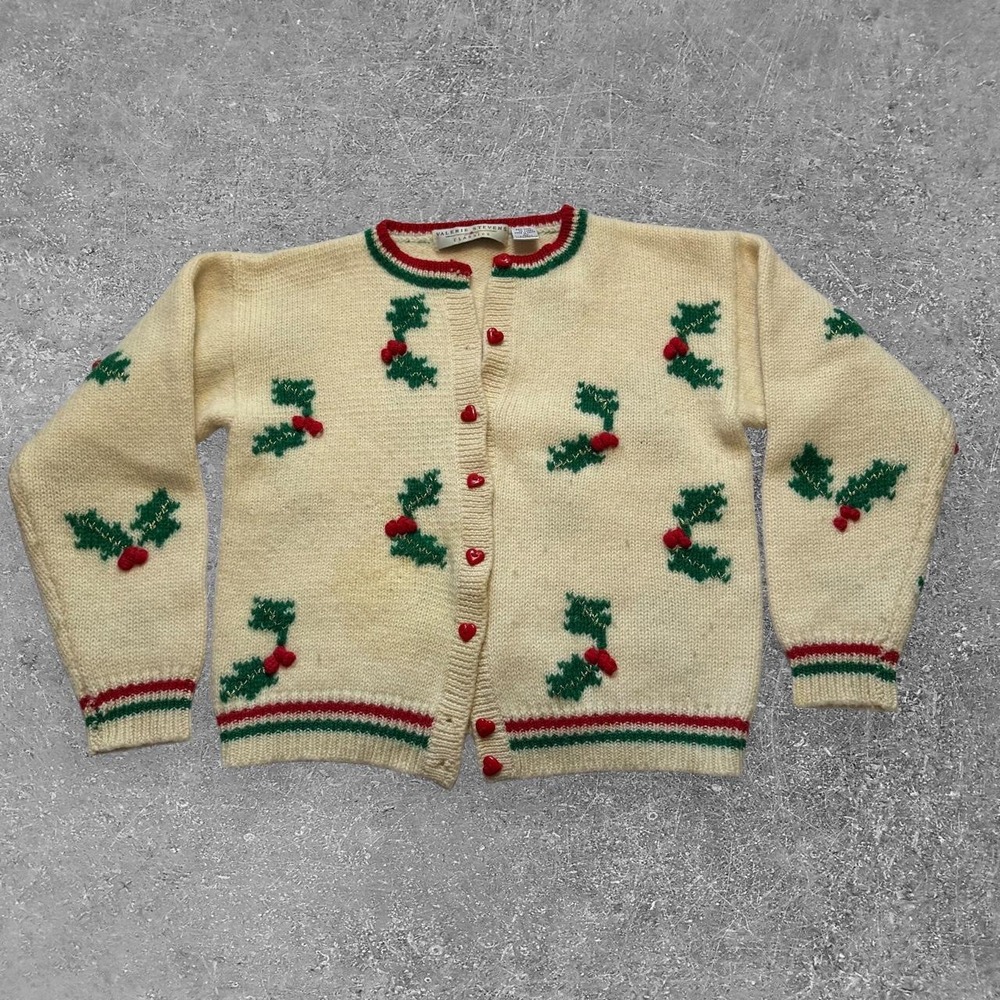Valerie Stevens Wool Lurex Christmas Holly Berry Cardigan Sweater Cream Large